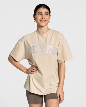 Teveo College Oversized T-Shirt Beige | QAHJNI-906