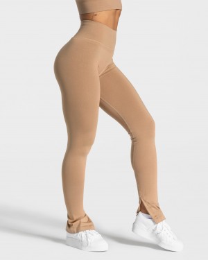 Teveo Sassy Slit Leggings Beige | KVCGTQ-054